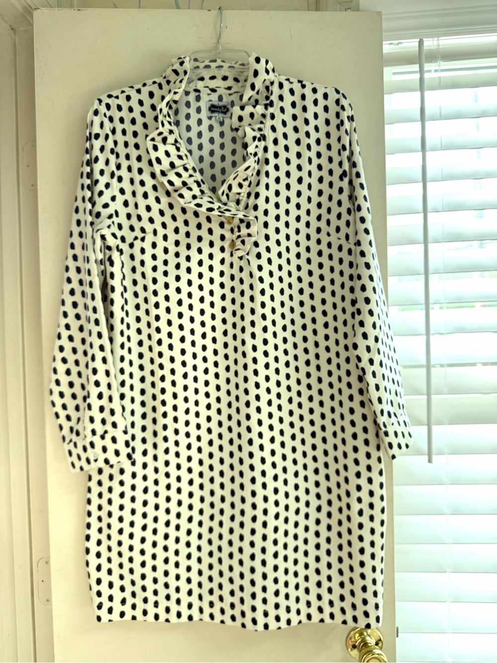 Mud Pie White Dress with Black Dot Print and Ruffle Collar